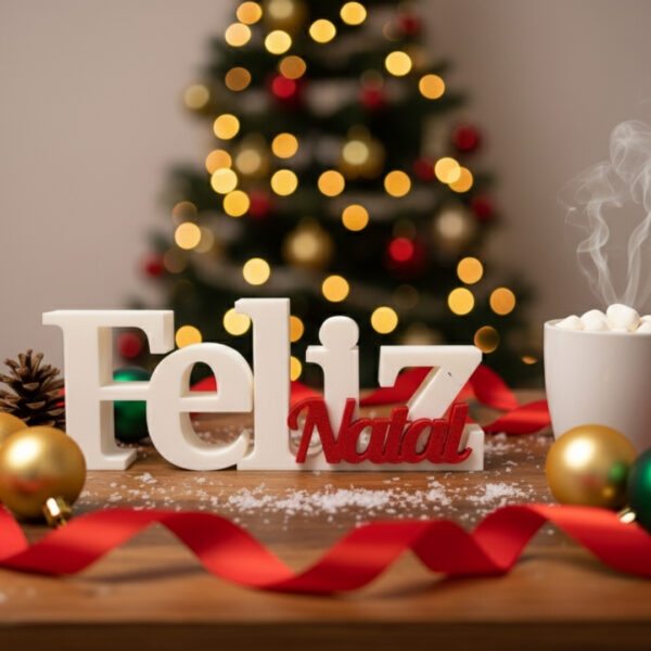 Letreiro Feliz Natal 2 Letreiro Decorativo Feliz Natal Premium | Placa de Mesa e Prateleira – Resistente e Moderno