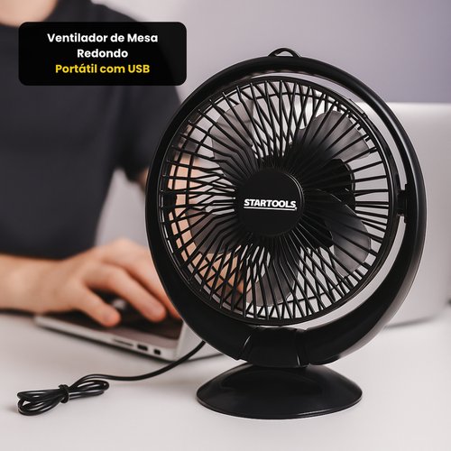 Ventilador de Mesa Redondo Portátil com USB - Preta