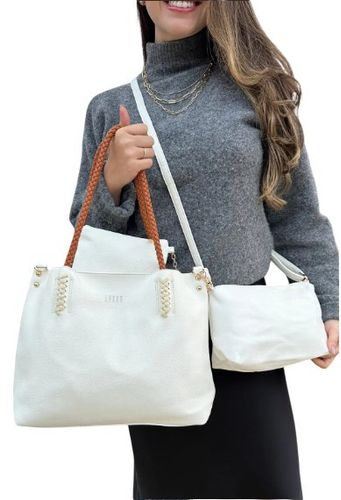 Kit 3 Peças Bolsa Feminina Estilo Tote - Branca Com Alça Caramelo