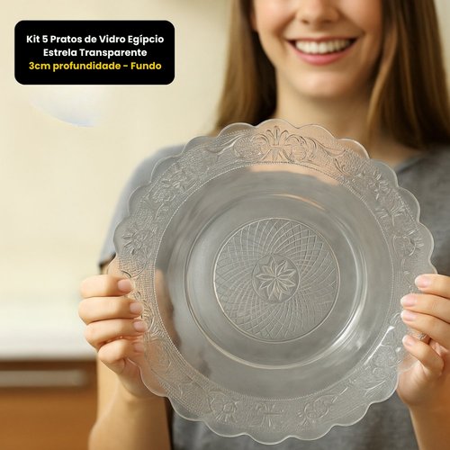 Kit 5 Pratos de Vidro Egípcio Estrela Transparente 3cm profundidade - Fundo