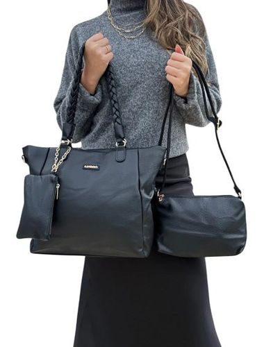 Kit 3 Peças Bolsa Feminina Com Alça Trançada - Preta