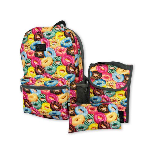 Mochila Escolar Donuts com Estojo e Lancheira 3 Peças