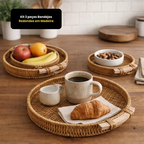 Kit 3 peças Bandejas Redondas em Madeira