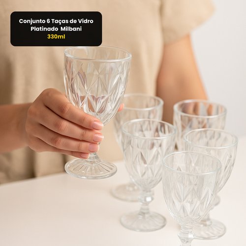 Conjunto 6 Taças de Vidro Platinado Milbani 330ml