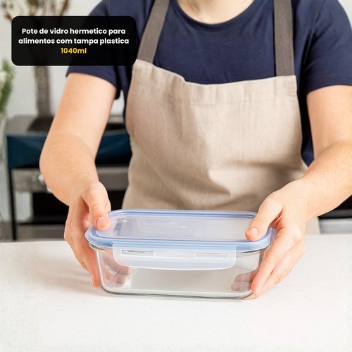 Pote de vidro hermetico para alimentos com tampa plastica 1040ml