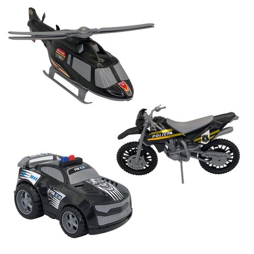 cn7rtc7kt9-lg.jpg Triplo BS Kit de Brinquedos de Polícia com Carro, Moto e Helicóptero - Preto