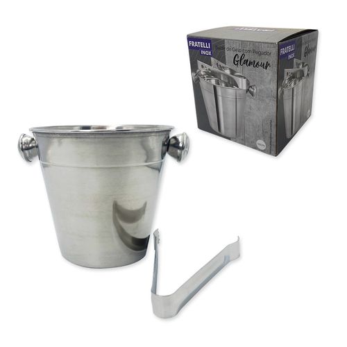 Balde Para Gelo Pequeno Aço Inox Com Pinça Pegador