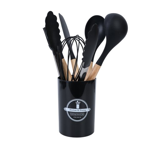 Jogo com 7 Peças de Silicone Preto com Cabo de Madeira