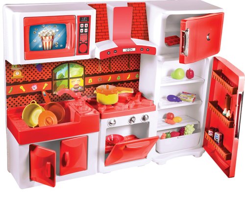 Cozinha de Brinquedo com Geladeira Armário fogão e Coifa - Vermelha