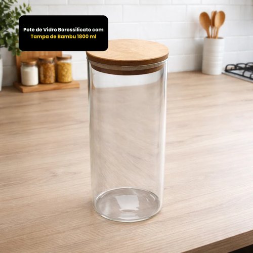 Pote de Vidro Borossilicato com Tampa de Bambu 1800 ml