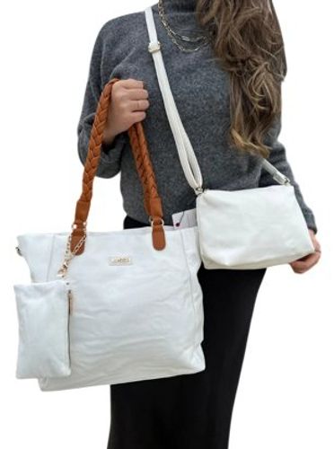 Kit 3 Peças Bolsa Feminina - Branco com Alça Caramelo