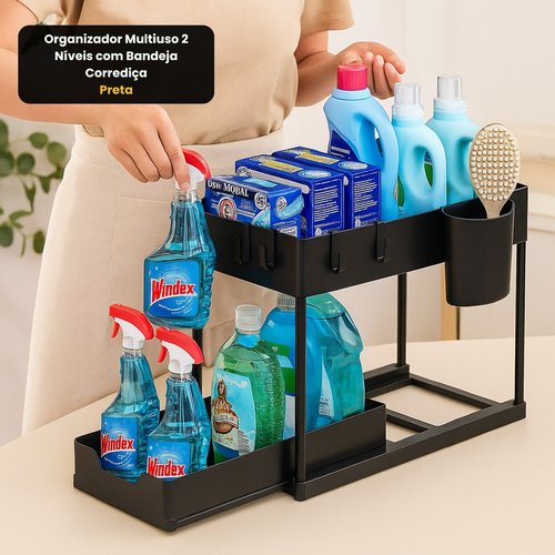 jp7he5lpm9-lg.jpg Organizador Multiuso 2 Níveis com Bandeja Corrediça - Preta