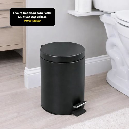 Lixeira Redonda com Pedal Multiuso Aço 3 litros - Preto Matte