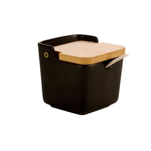 Saleiro de Cerâmica com Tampa de Bambu e Colher - Preta