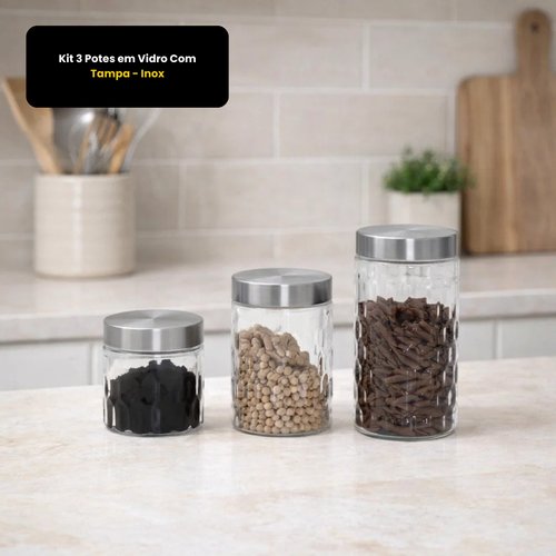 Kit 3 Potes em Vidro Com Tampa - Inox