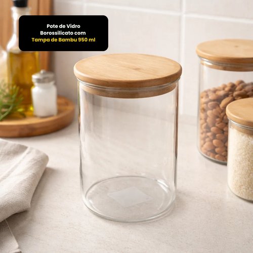 Pote de Vidro Borossilicato com Tampa de Bambu 950 ml