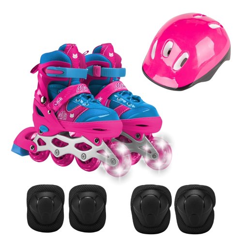 Patins Infantil Feminino Travessos 4 Rodas Esporte com LED e Acessórios 31-34 - Azul