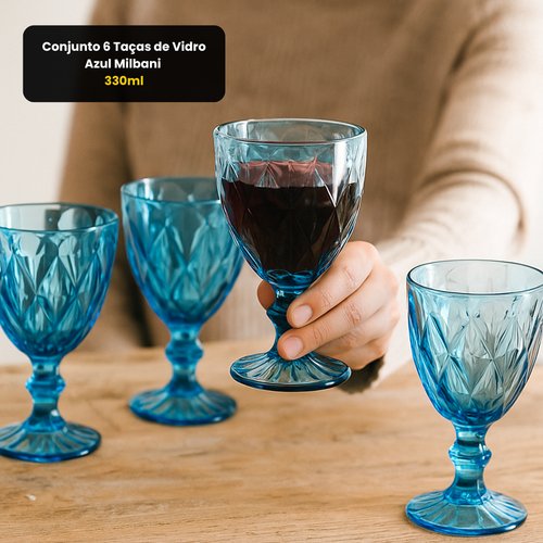 Conjunto 6 Taças de Vidro Azul Milbani 330ml