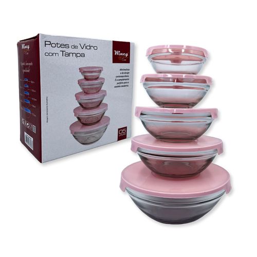 WE DROP - Conjunto 5 Potes de Vidro Hermeticos Com Tampa - Rosa