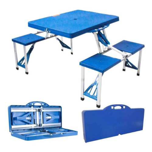 Mesa Dobrável de alumínio com 4 banquetas Para Camping - Azul
