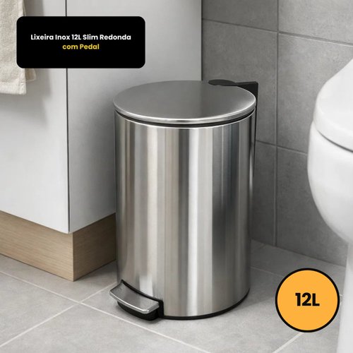 Lixeira Inox 12L Slim Redonda com Pedal