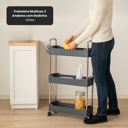 Prateleira Multiuso 3 Andares com Rodinha Cinza