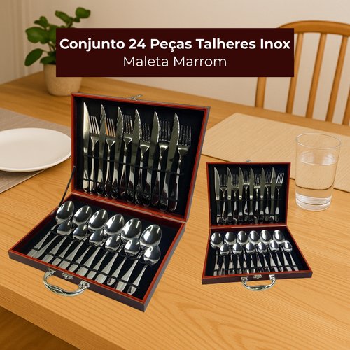 Conjunto 24 Peças Talheres Inox com Maleta Marrom
