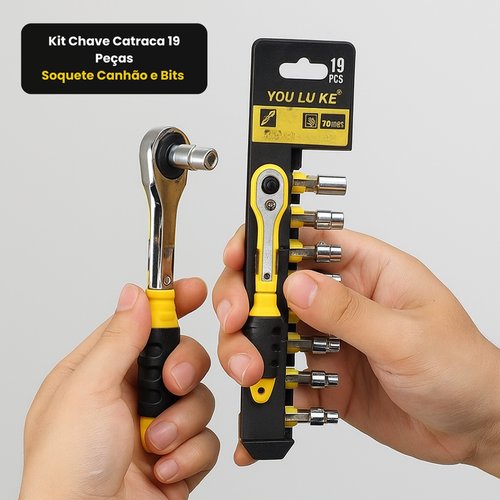 z37rxdfxgtc-lg.jpg Kit Chave Catraca 19 Peças Soquete Canhão e Bits